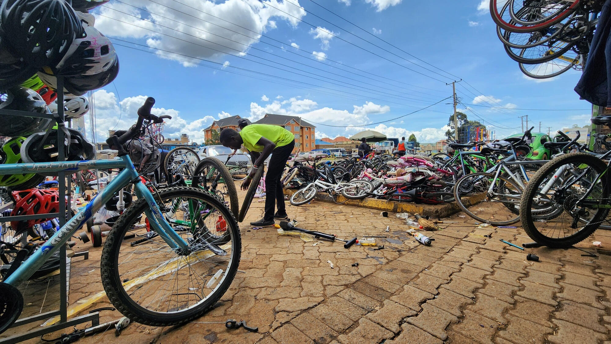 Bicycle mechanic repairing a puncture